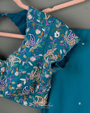 Peacock Blue Satin Organza saree with multi color cutdana work border