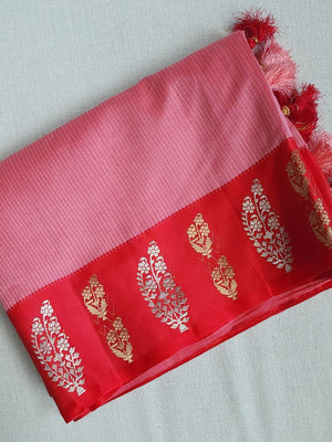 Banarasi Munga Silk Saree in a lovely shade of peach and red