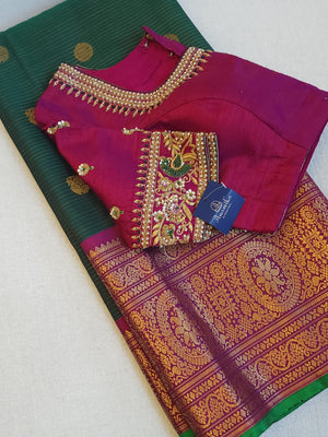 Peacock Green Gadwal Kanchi Saree with a magenta pink border