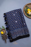 Modal Silk Ajrak Saree in mid night blue with mirror work
