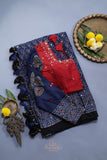 Modal Silk Ajrak Saree in mid night blue with mirror work