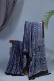 Modal Silk Ajrak Saree in mid night blue with mirror work