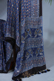Modal Silk Ajrak Saree in mid night blue with mirror work