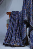 Modal Silk Ajrak Saree in mid night blue with mirror work