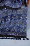 Modal Silk Ajrak Saree in mid night blue with mirror work