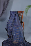Modal Silk Ajrak Saree in mid night blue with mirror work