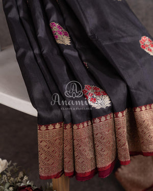 Black Banarasi Silk saree with contrast maroon border and zari woven floral buttas