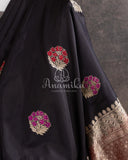 Black Banarasi Silk saree with contrast maroon border and zari woven floral buttas