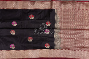 Black Banarasi Silk saree with contrast maroon border and zari woven floral buttas