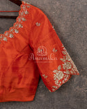 Sunshine Yellow Kanjeevaram saree with a statement maggam work border in orange color