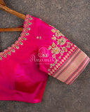 Sandstone Orange Kora Banarasi Tissue saree with a contrast pink blouse