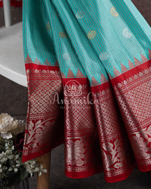 Gadwal saree in blue/red combo in a beautiful checkered pattern
