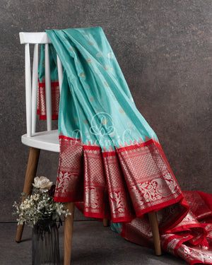 Gadwal saree in blue/red combo in a beautiful checkered pattern