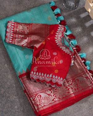 Gadwal saree in blue/red combo in a beautiful checkered pattern