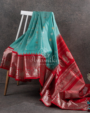 Gadwal saree in blue/red combo in a beautiful checkered pattern