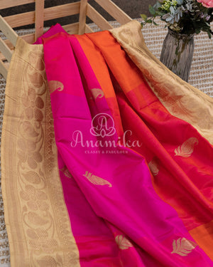 Pure Banarasi Silk Rangkart Saree in multiple hues of pink & orange