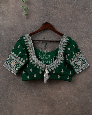 Dark Bottle Green blouse with beautiful silver zardosi work