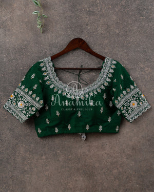 Dark Bottle Green blouse with beautiful silver zardosi work