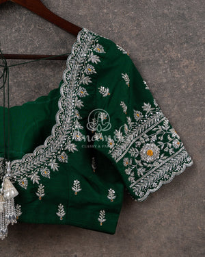 Dark Bottle Green blouse with beautiful silver zardosi work