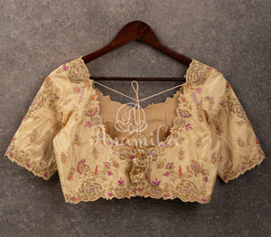 Off white pure silk blouse with gold, pink and orange work