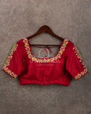 Maroon Red Elbow sleeves blouse with pretty gold and threadwork
