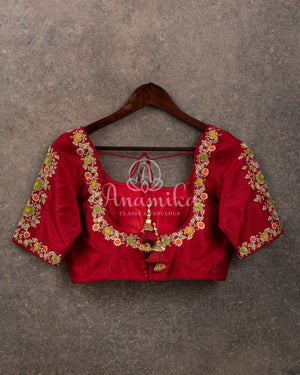Maroon Red Elbow sleeves blouse with pretty gold and threadwork