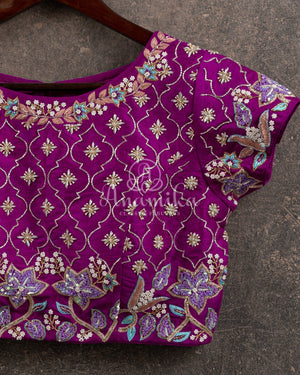 Purplish Pink Short sleeves blouse with all over zardosi and pearl work