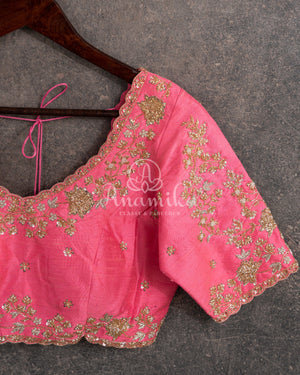 Light Peach Pink Blouse with silver and gold work, embellished with pearls