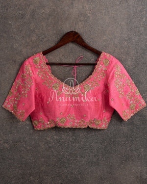Light Peach Pink Blouse with silver and gold work, embellished with pearls