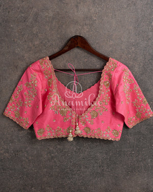 Light Peach Pink Blouse with silver and gold work, embellished with pearls