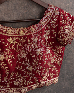 Maroon short sleeves blouse with all over gold embroidery work