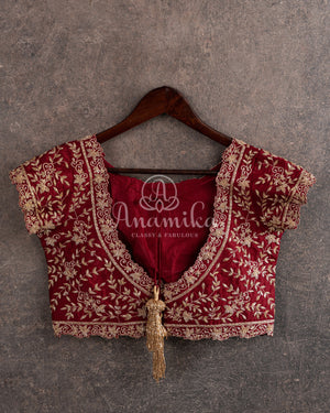 Maroon short sleeves blouse with all over gold embroidery work