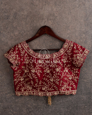Maroon short sleeves blouse with all over gold embroidery work