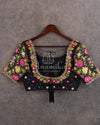 Black Elbow sleeves blouse with intricatley designed multi color floral work