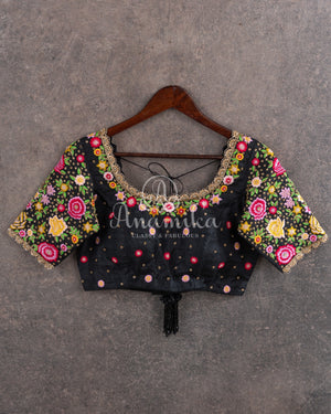 Black Elbow sleeves blouse with intricatley designed multi color floral work