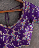 Purple short sleeves blouse with all over multi-color cutdana and pearl work