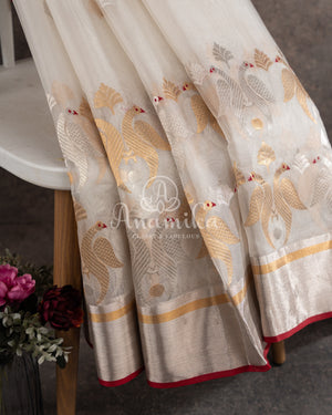 White Chanderi Saree with gold zari buttas - paired with a red paithani blouse