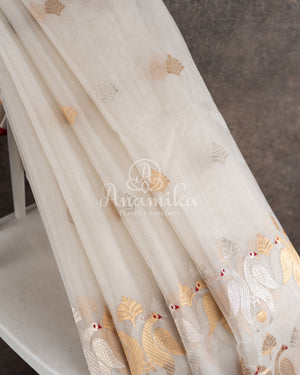 White Chanderi Saree with gold zari buttas - paired with a red paithani blouse