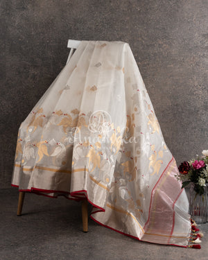 White Chanderi Saree with gold zari buttas - paired with a red paithani blouse