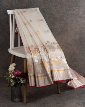White Chanderi Saree with gold zari buttas - paired with a red paithani blouse