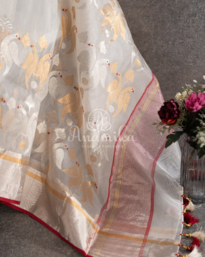 White Chanderi Saree with gold zari buttas - paired with a red paithani blouse