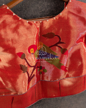 White Chanderi Saree with gold zari buttas - paired with a red paithani blouse