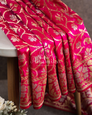 Hot Pink Banarasi Silk Saree with silver and gold zari jaal weaving