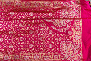 Hot Pink Banarasi Silk Saree with silver and gold zari jaal weaving
