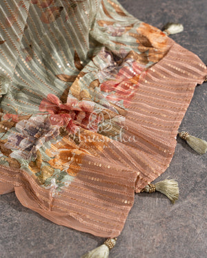 Pastel Green/Peach Sequins Georgette saree lo