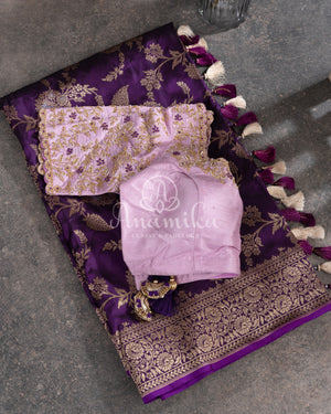 Purple Banarasi Silk Saree with contrast lilac blouse