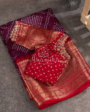 Maroon Wine Kanchi Bandini saree with a stunning red border