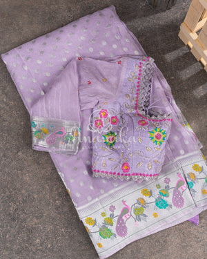 Lavender Banarasi Georgette saree with paithani styled border and pallu