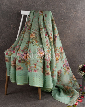 Sea Green Printed Organza Saree with Sequins border