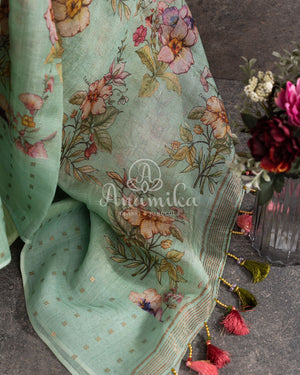 Sea Green Printed Organza Saree with Sequins border